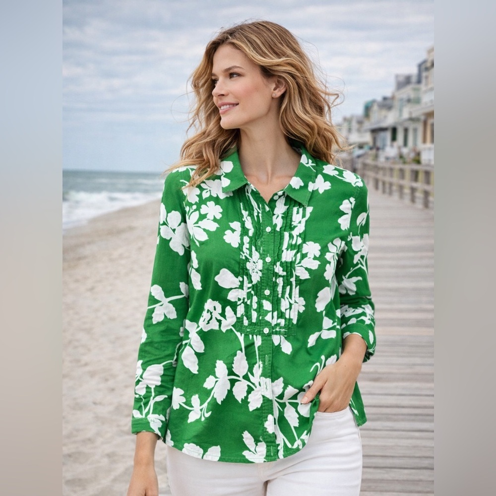 Charter Club Green & White Floral Button Front Blouse Size 14